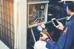 HVAC Technician Performing Heating Maintenance in Des Moines, IA